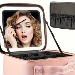 Pink Makeup Organizer Bag with LED Mirror